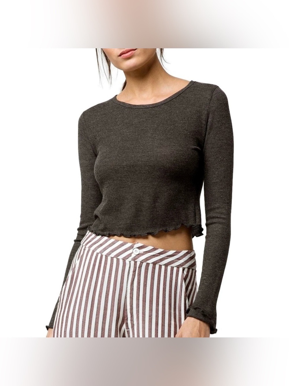 Bozzolo Lettuce Hem Charcoal Ribbed Long-Sleeve Crop Top